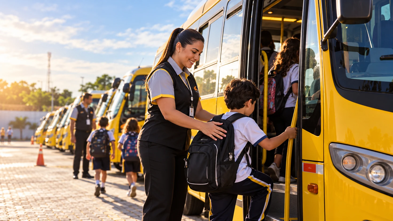 Monitora auxiliando o embarque seguro de um aluno no transporte escolar