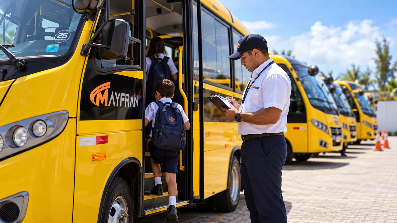 Profissional da Mayfran conferindo o embarque e a operação do transporte escolar